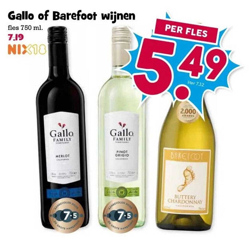 Gallo of Barefoot wijnen fles 750 ml.