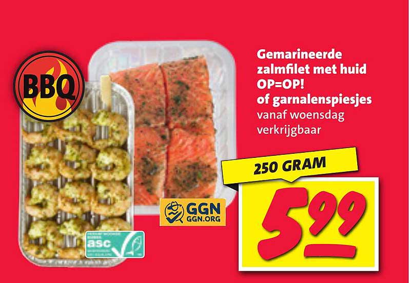 Gemarineerde zalmfilet met huid OP=OP! of garnalenspiesjes