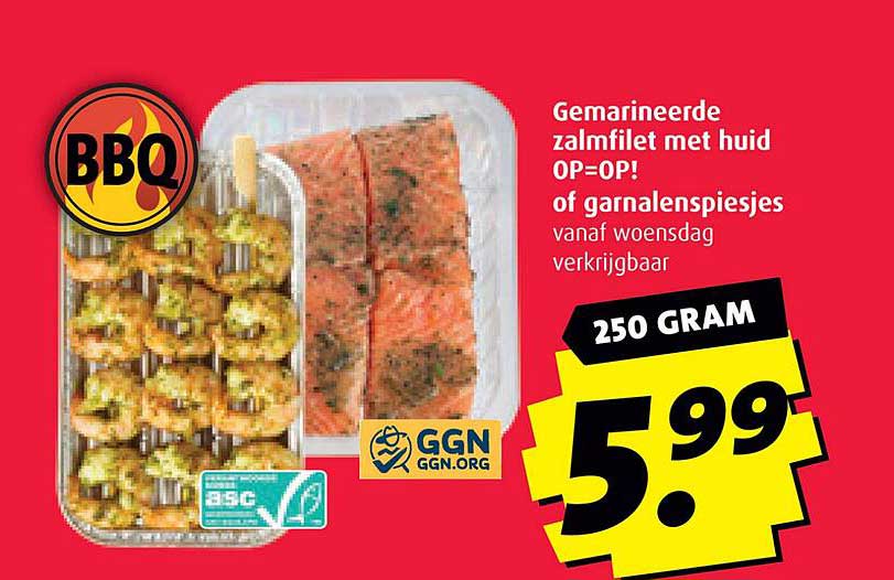 Gemarineerde zalmfilet met huid OP=OP! of garnalenspiesjes