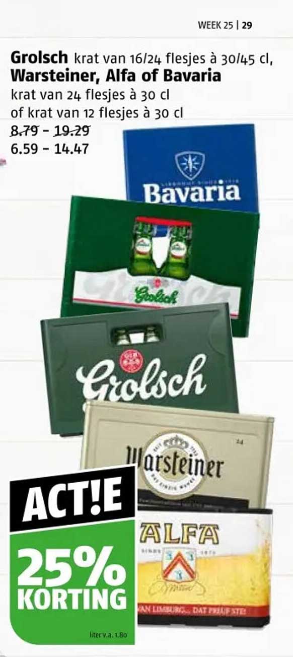 Grolsch krat van 16/24 flesjes à 30/45 cl, Warsteiner, Alfa of Bavaria