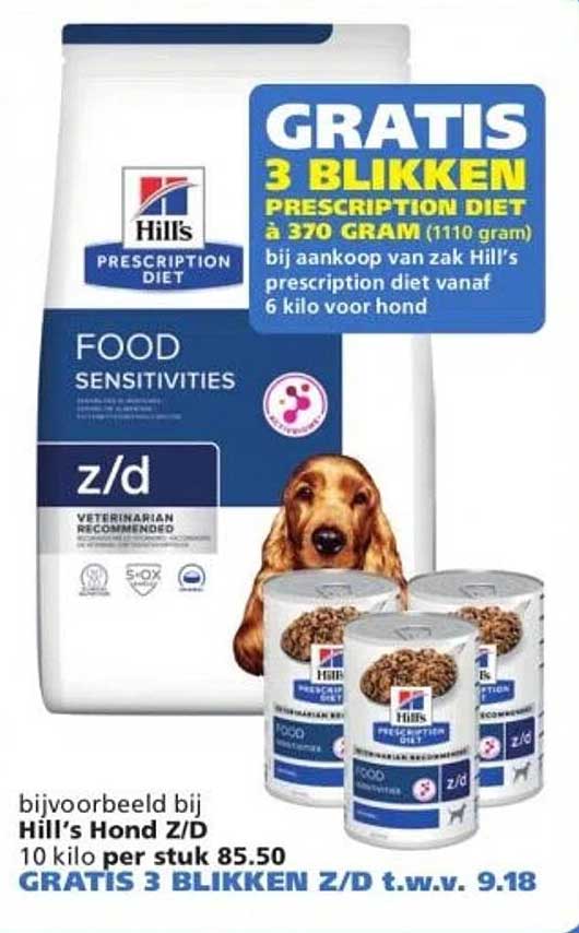 Hill's Hond Z/D 10 kilo per stuk 85.50 GRATIS 3 BLIKKEN Z/D t.w.v. 9.18