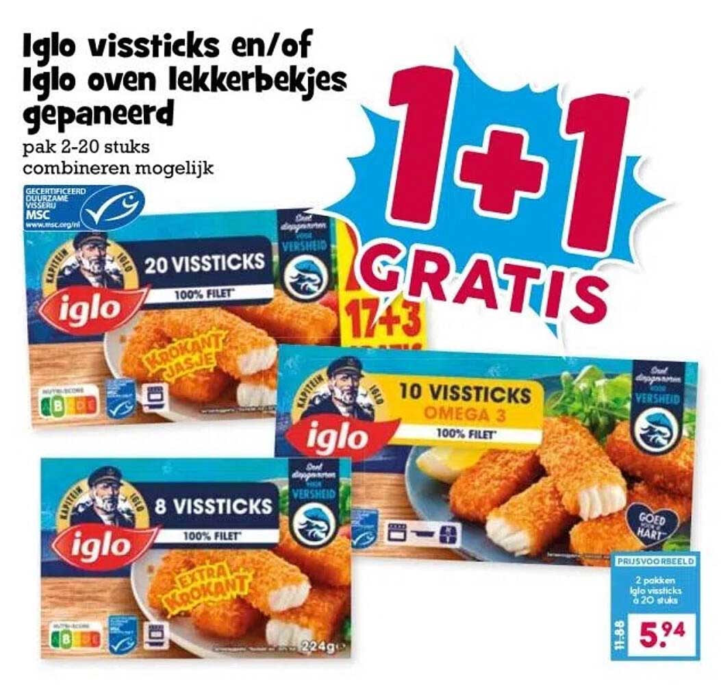 Iglo vissticks en/of Iglo oven lekkerbekjes gepaneerd 1+1 gratis