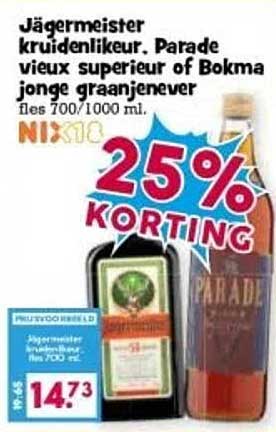 Jägermeister kruidenlikeur. Parade vieux superieur of Bokma jonge graanjenever fles 700/1000 ml.