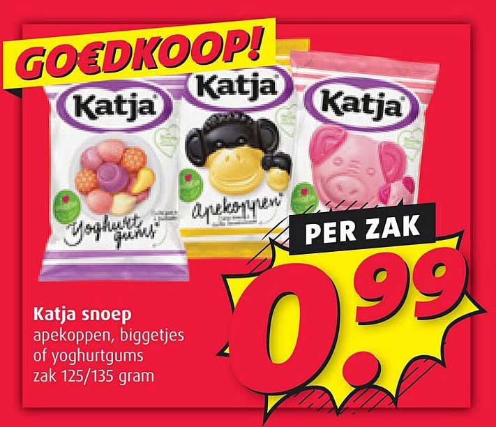 Katja snoep apenkoppen, biggetjes of yoghurtgums zak 125/135 gram