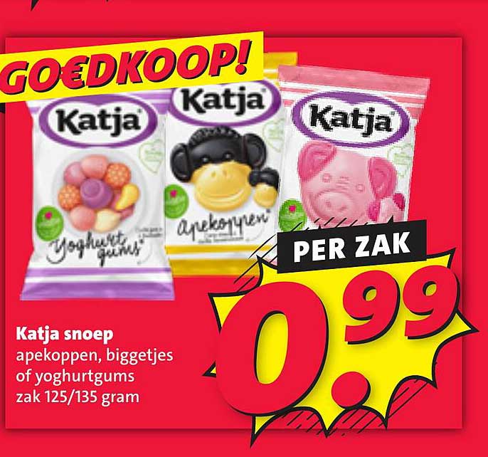 Katja snoep apenkoppen, biggetjes of yoghurtgums zak 125/135 gram