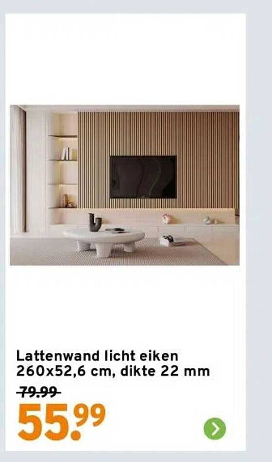 Lattenwand licht eiken 260x52,6 cm, dikte 22 mm