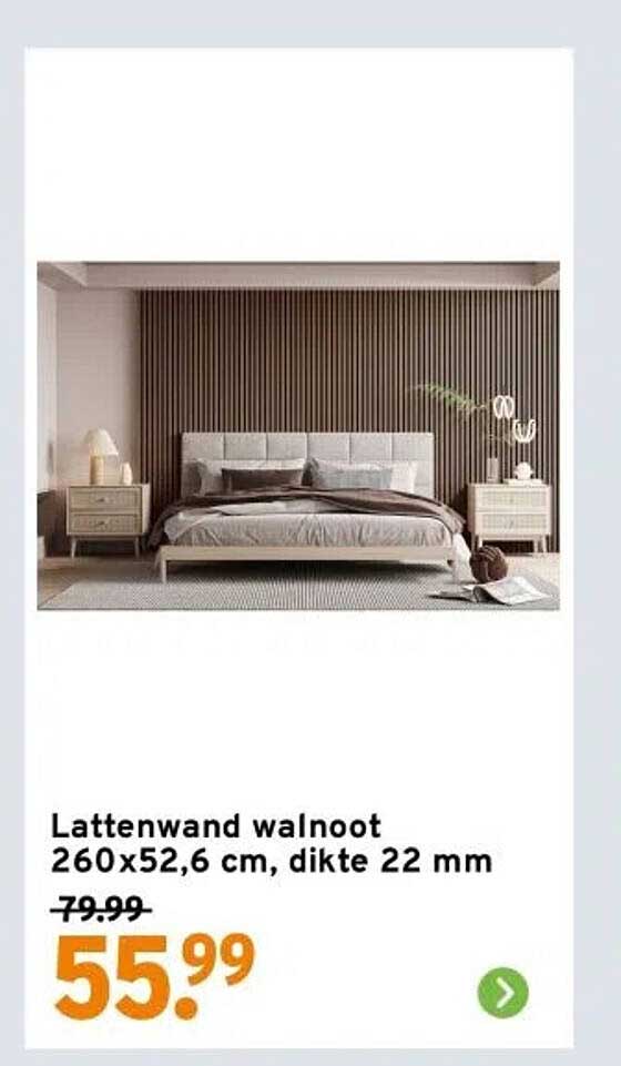 Lattenwand walnoot 260x52,6 cm, dikte 22 mm