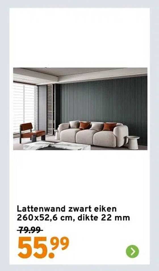 Lattenwand zwart eiken 260x52,6 cm, dikte 22 mm