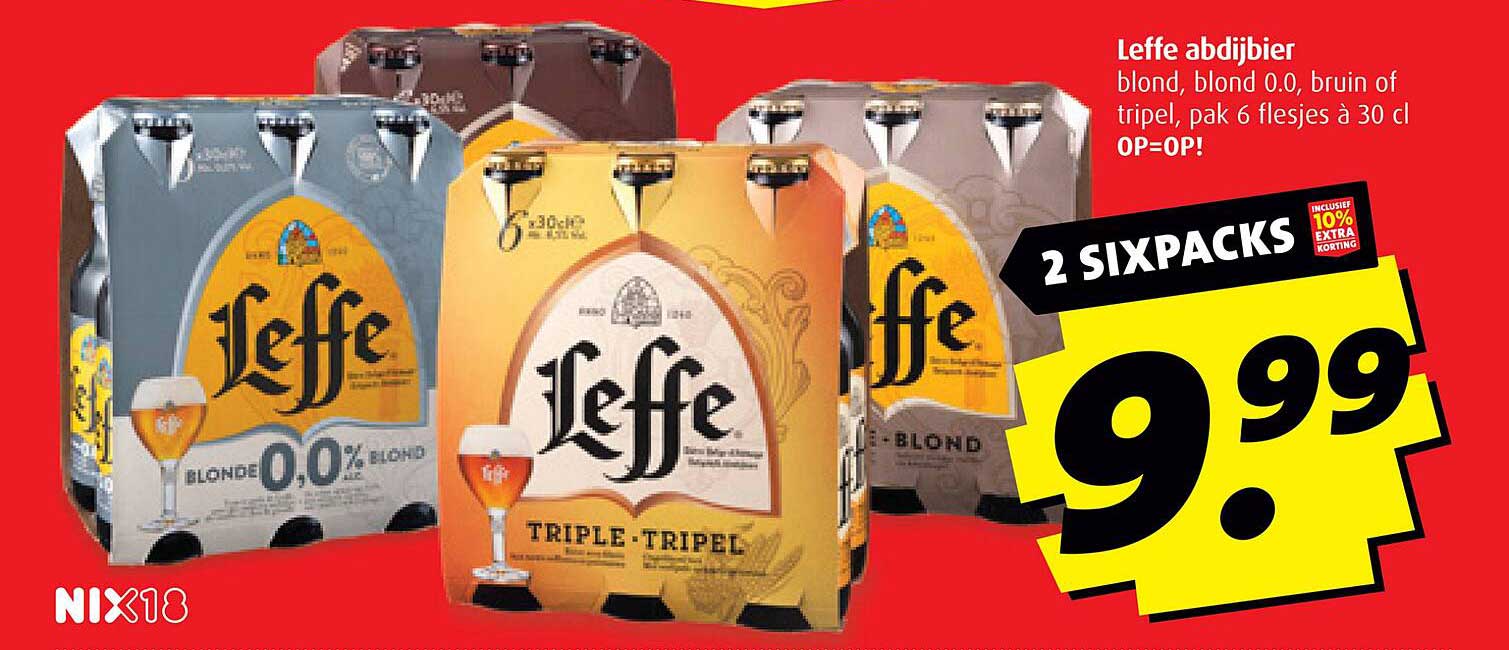 Leffe abdijbier blond, blond 0.0, bruin of tripel, pak 6 flesjes à 30 cl
