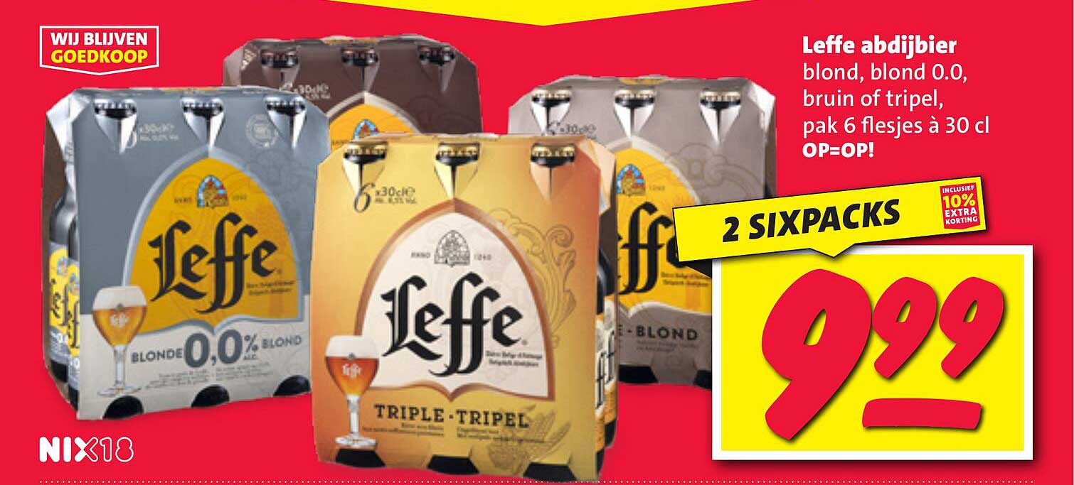 Leffe abdijbier blond, blond 0.0, bruin of tripel, pak 6 flesjes à 30 cl