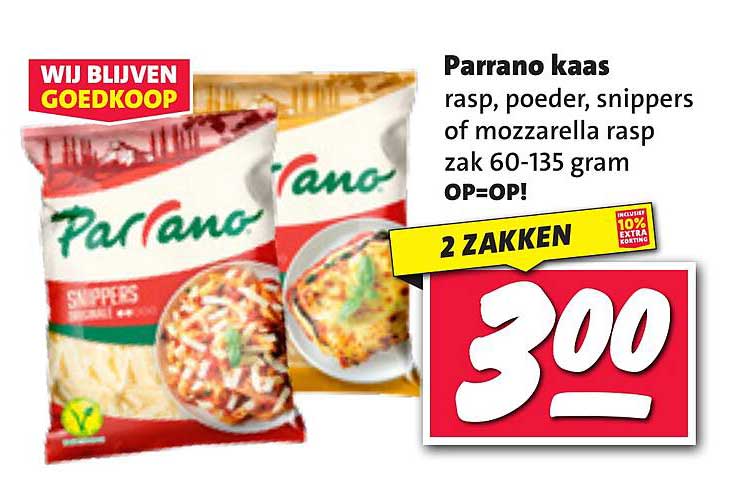Parrano kaas rasp, poeder, snippers of mozzarella rasp zak 60-135 gram