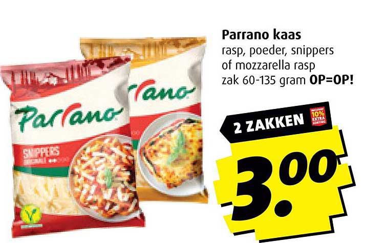 Parrano kaas rasp, poeder, snippers of mozzarella rasp zak 60-135 gram OP=OP!