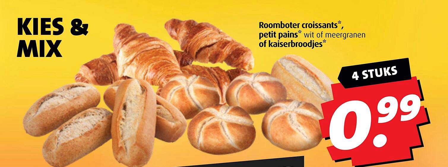 Roomboter croissants, petit pains wit of meergranen of kaiserbroodjes 4 stuks