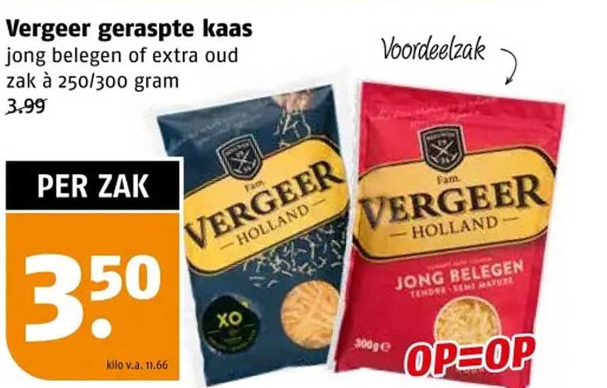 Vergeer geraspte kaas jong belegen of extra oud zak à 250/300 gram