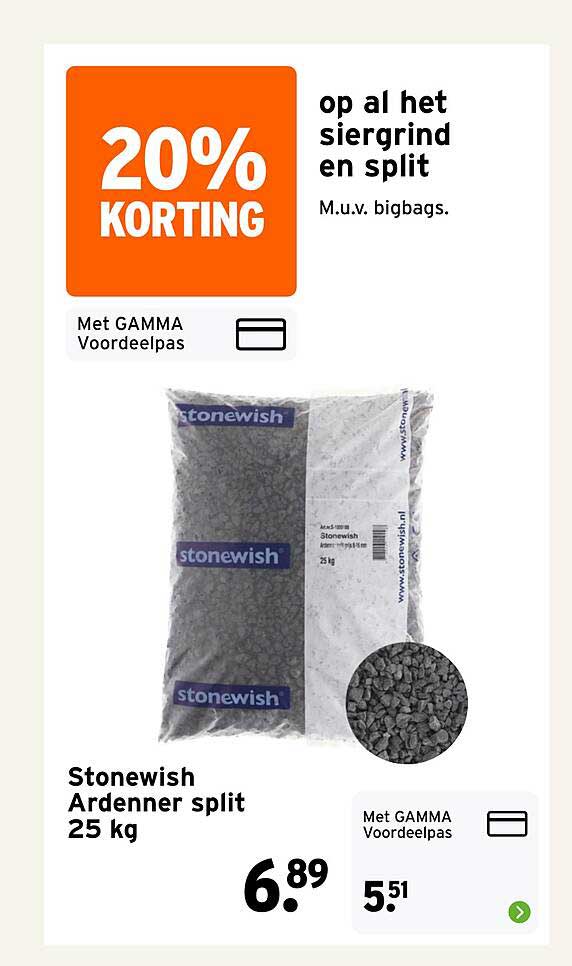 20% korting op al het siergrind en split m.u.v. bigbags. Stonewish Ardinner split 25 kg