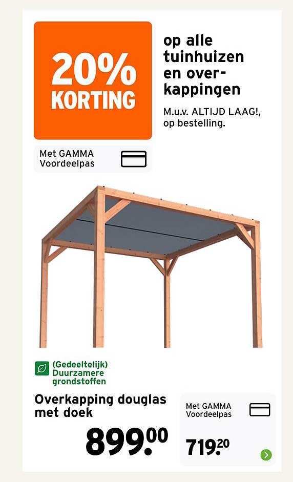 20% KORTING op alle tuinhuizen en overkappingen