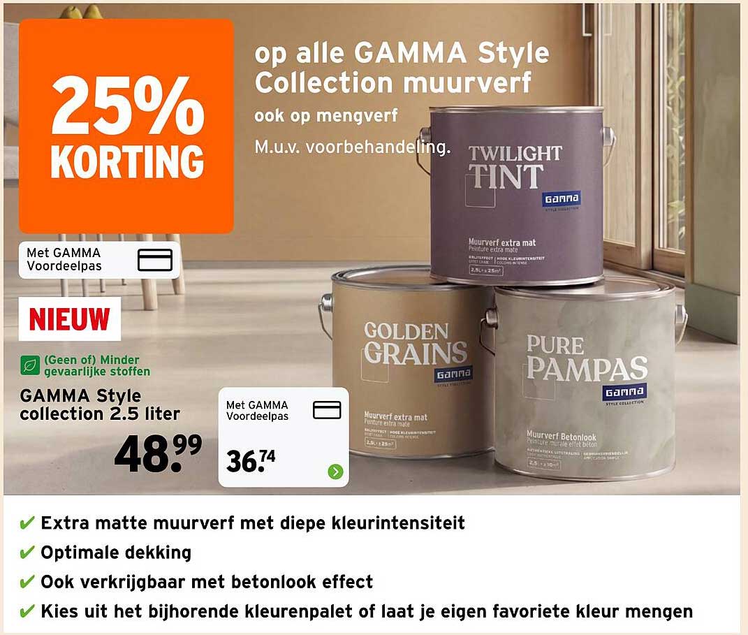 25% KORTING op alle GAMMA Style Collection muurverf, ook op mengverf
