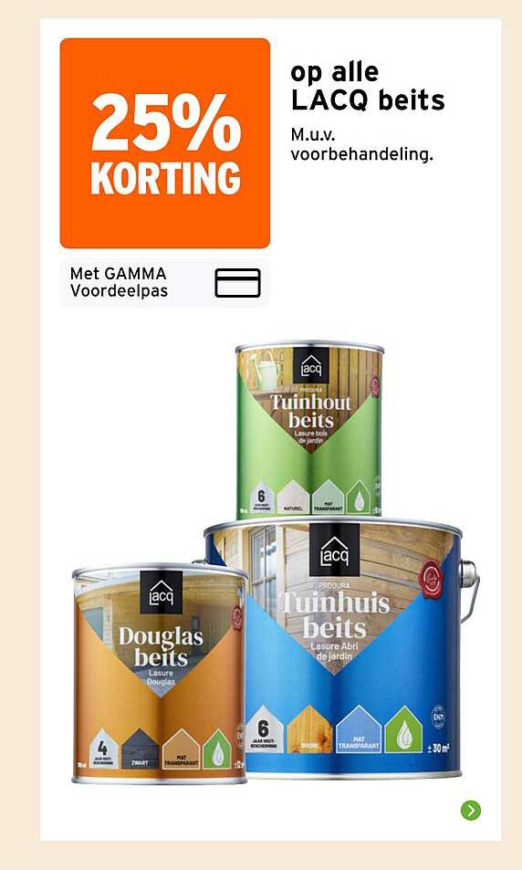 25% KORTING op alle LACQ beits M.u.v. voorbehandeling.