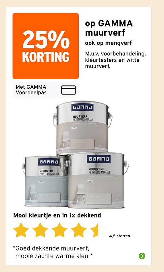25% KORTING op GAMMA muurverf, ook op mengverf