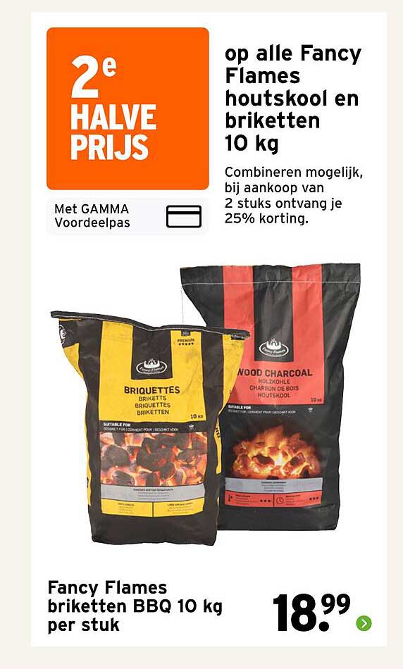 2e halve prijs op alle Fancy Flames houtskool en briketten 10 kg