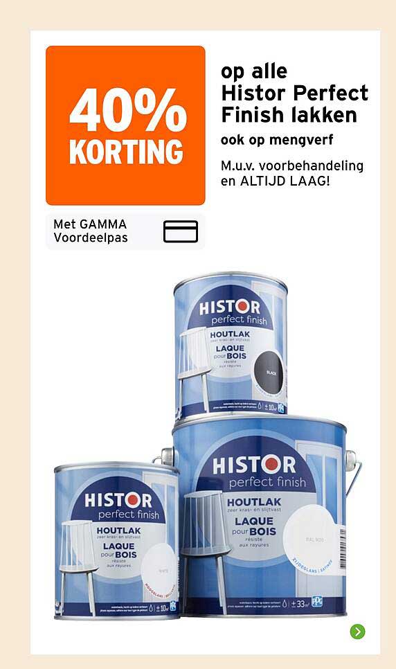 40% korting op alle Histor Perfect Finish lakken ook op mengverf