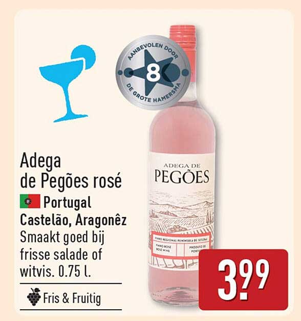 Adega de Pegões rosé Portugal Castelao, Aragonêz Smaakt goed bij frisse salade of witvis. 0.75 l. Fris & Fruitig