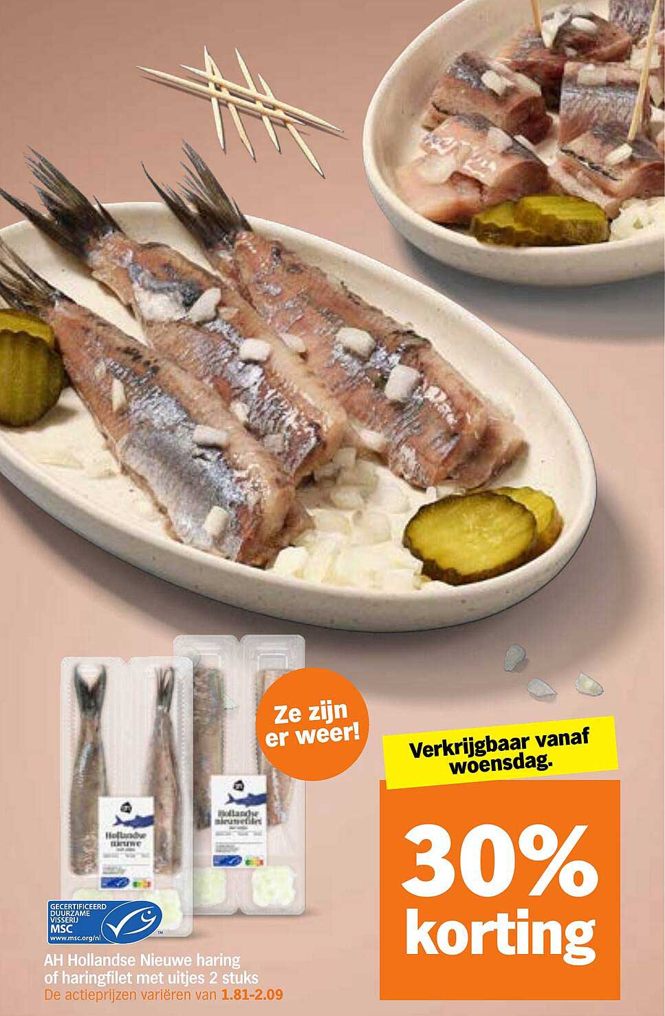 AH Hollandse Nieuwe haring of haringfilet met uitjes 2 stuks 30% korting