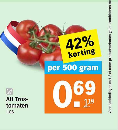AH Tros-tomaten Los 42% korting per 500 gram