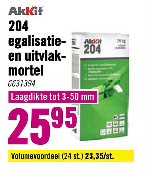 Akkit 204 egalisatie-en uitvlak-mortel Laagdikte tot 3-50 mm Volumevoordeel (24 st.) 23,35/st.