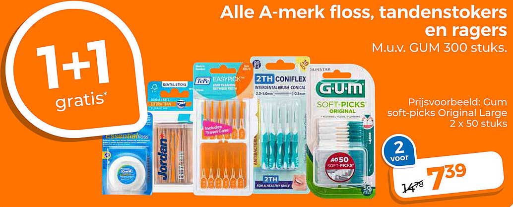 Alle A-merk floss, tandenstokers en ragers 1+1 gratis