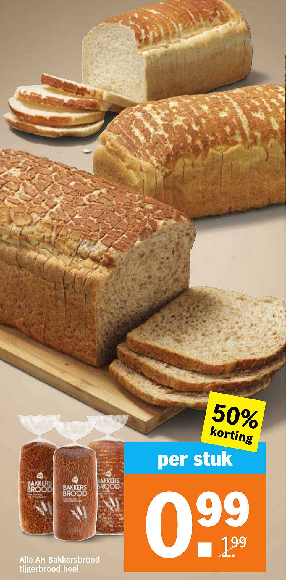 Alle AH Bakkersbrood tijgerbrood heel 50% korting per stuk