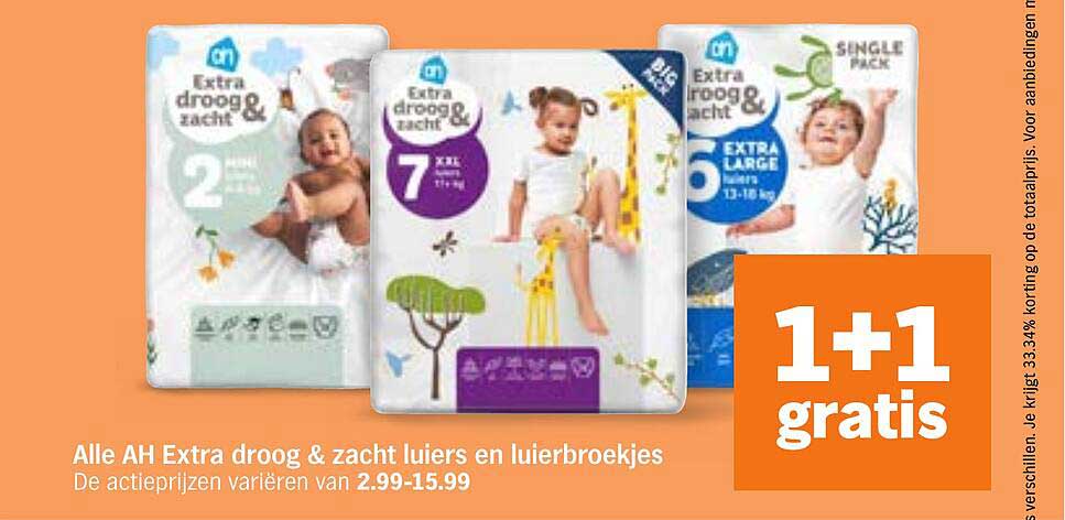 Alle AH Extra droog & zacht luiers en luierbroekjes 1+1 gratis