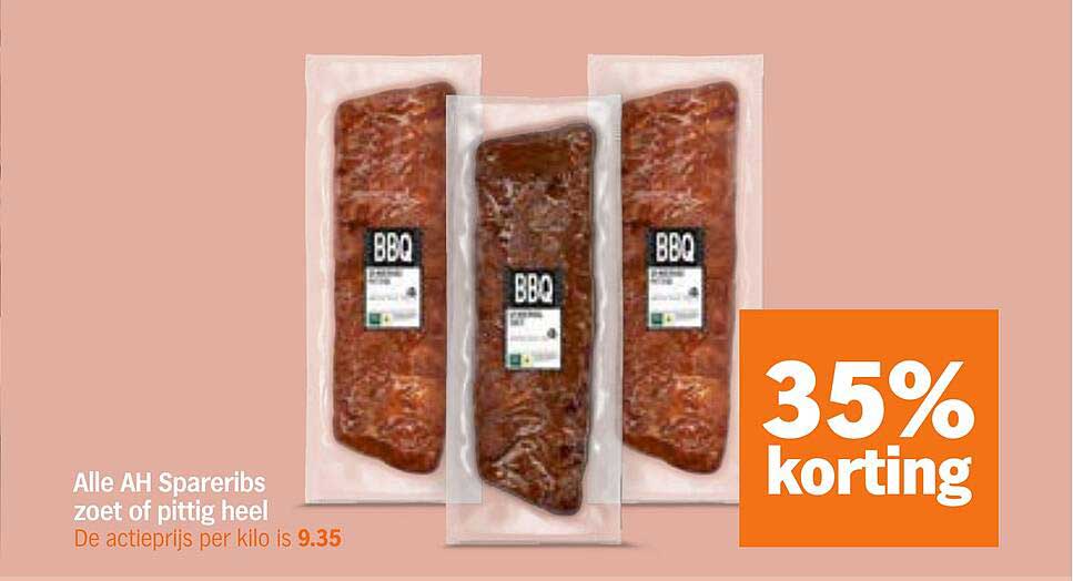 Alle AH Spareribs zoet of pittig heel 35% korting