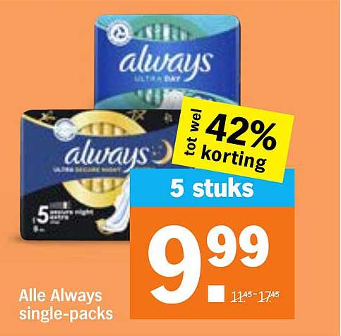 Alle Always single-packs - 5 stuks - tot wel 42% korting