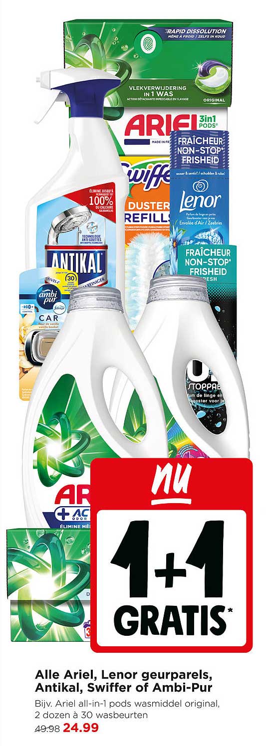 Alle Ariel, Lenor geurparels, Antikal, Swiffer of Ambi-Pur 1+1 gratis