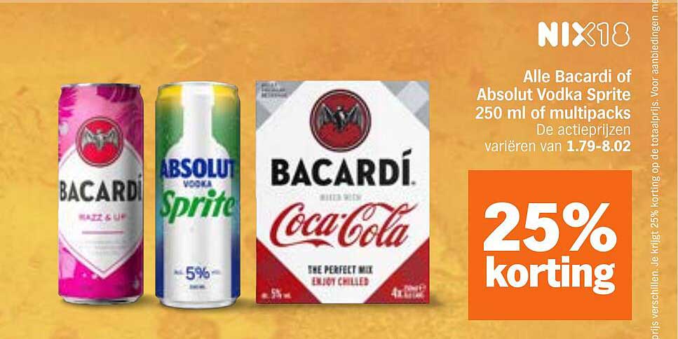 Alle Bacardi of Absolut Vodka Sprite 250 ml of multipacks 25% korting