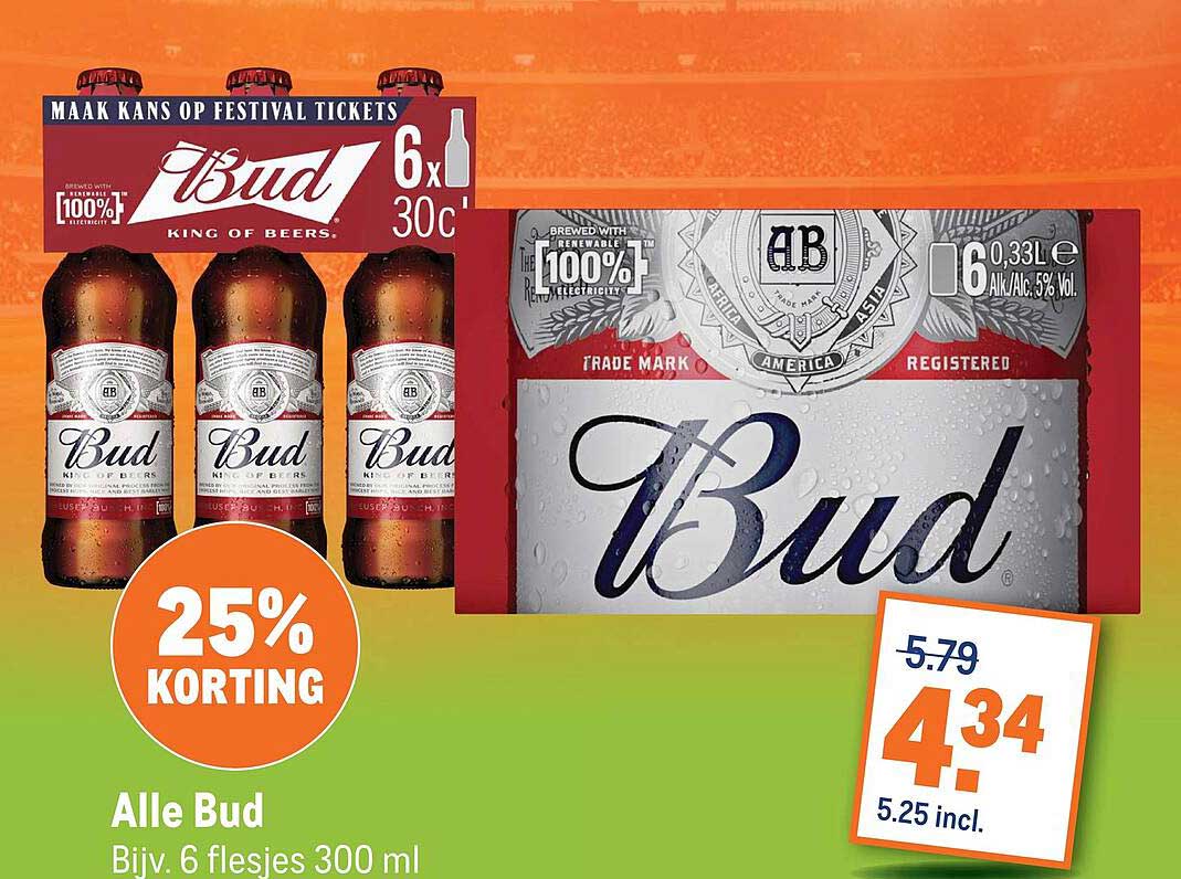 Alle Bud Bijv. 6 flesjes 300 ml 25% KORTING