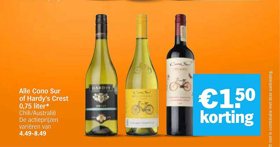 Alle Cono Sur of Hardy’s Crest 0,75 liter* Chili/Australië €1.50 korting