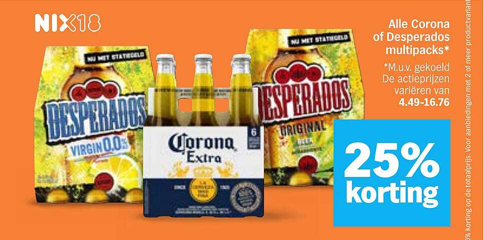 Alle Corona of Desperados multipacks* 25% korting