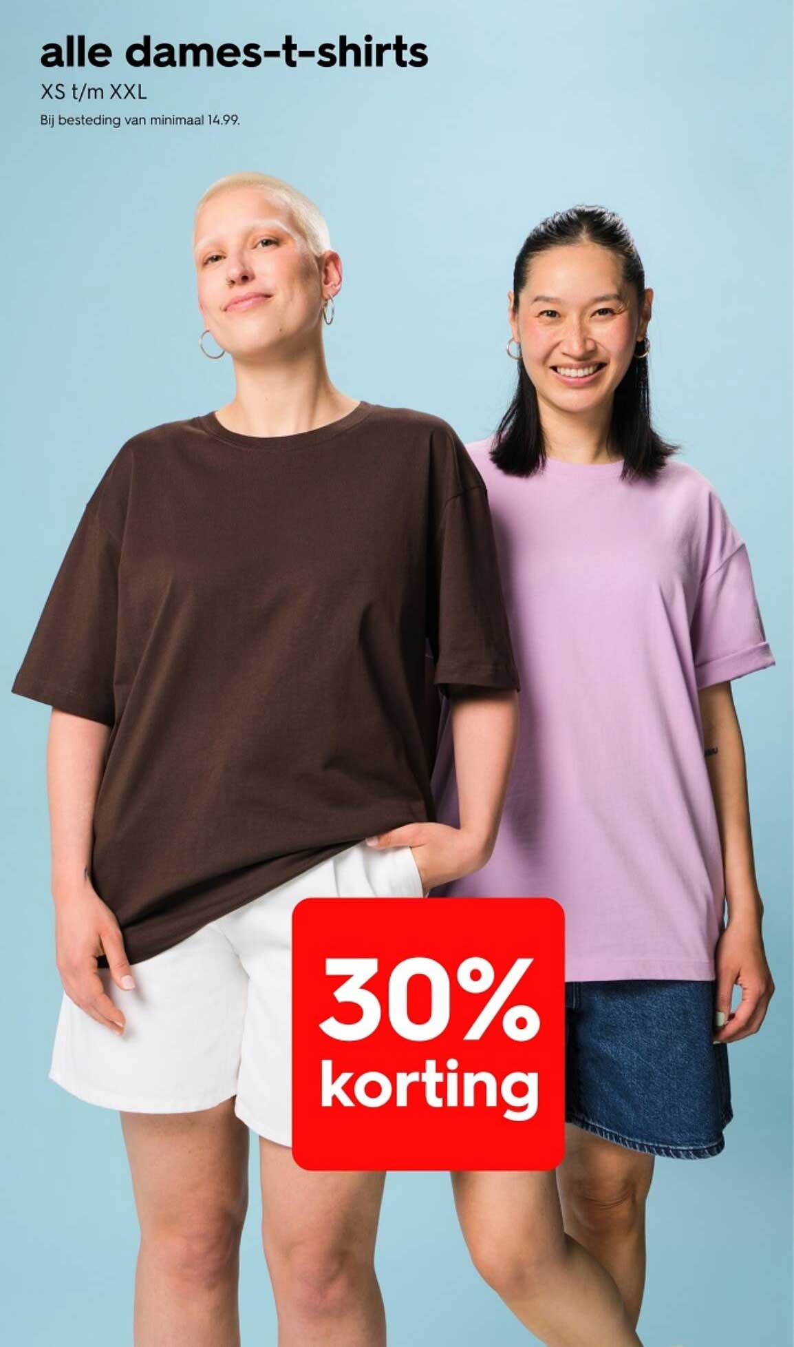 alle dames-t-shirts XS t/m XXL 30% korting