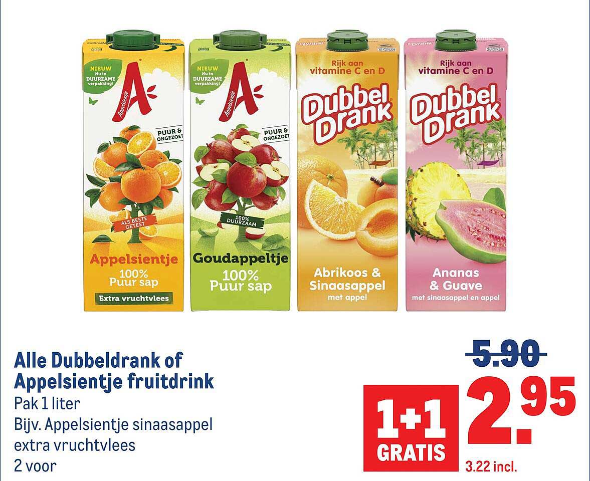 Alle Dubbeldrank of Appelsientje fruitdrink 1+1 GRATIS