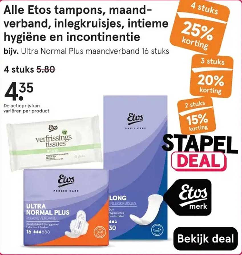 Alle Etos tampons, maandverband, inlegkruisjes, intieme hygiëne en incontinentie
