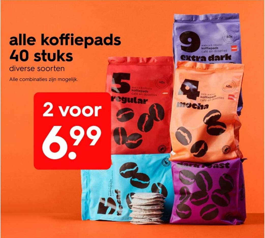 alle koffiepads 40 stuks diverse soorten 2 voor 6.99