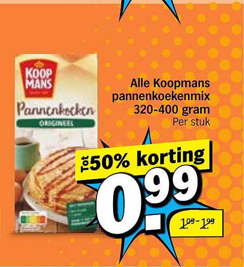 Alle Koopmans pannenkoekenmix 320-400 gram Per stuk tot 50% korting