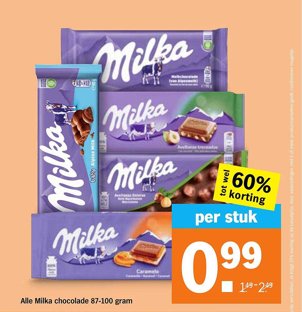 Alle Milka chocolade 87-100 gram tot wel 60% korting