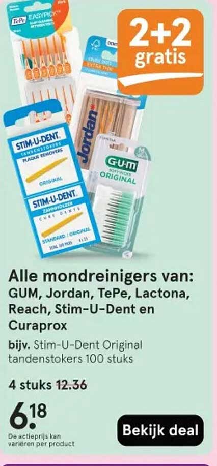 Alle mondreinigers van: GUM, Jordan, TePe, Lactona, Reach, Stim-U-Dent en Curaprox 2+2 gratis