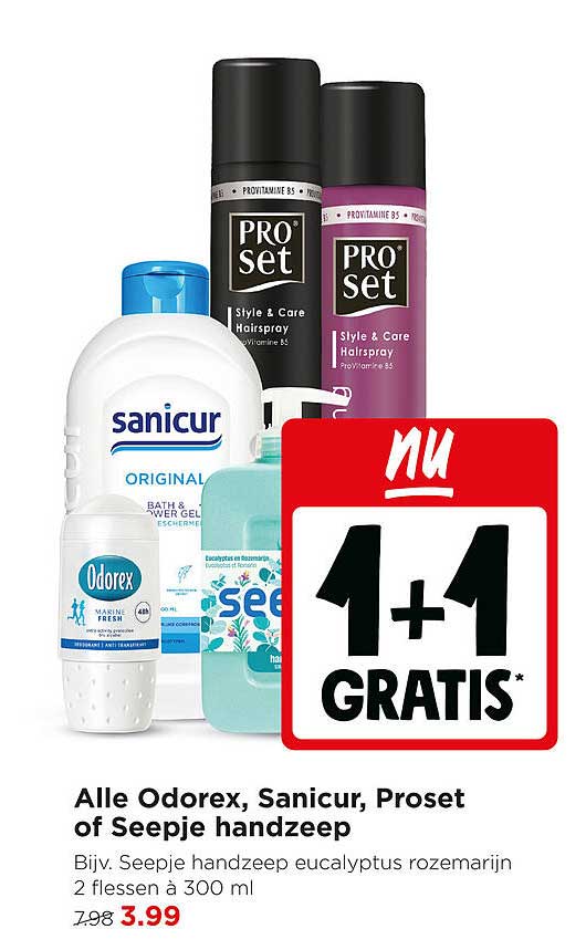 Alle Odorex, Sanicur, Proset of Seepje handzeep 1+1 gratis