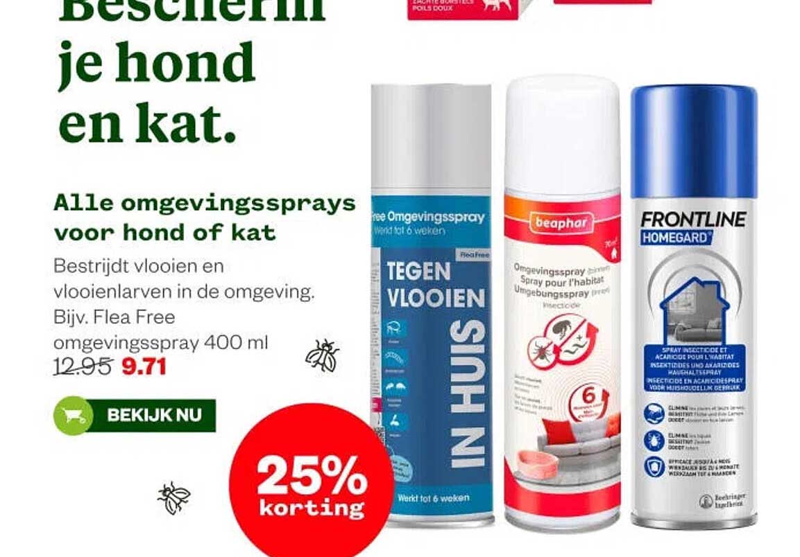 Alle omgevingssprays voor hond of kat 25% korting