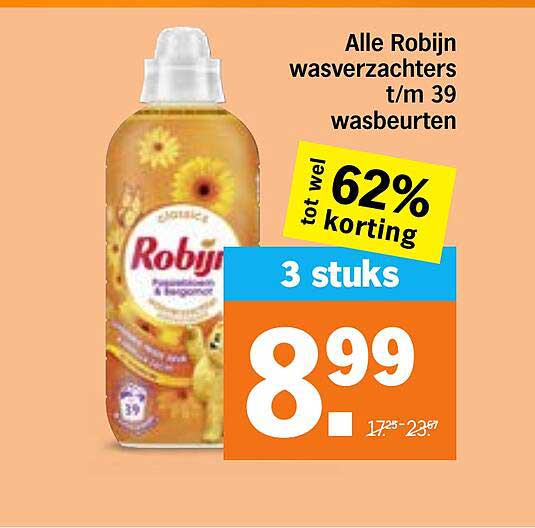 Alle Robijn wasverzachters t/m 39 wasbeurten tot wel 62% korting 3 stuks