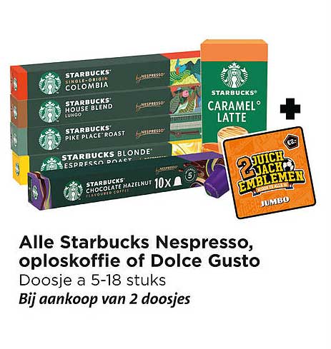Alle Starbucks Nespresso, oploskoffie of Dolce Gusto Doosje a 5-18 stuks Bij aankoop van 2 doosjes